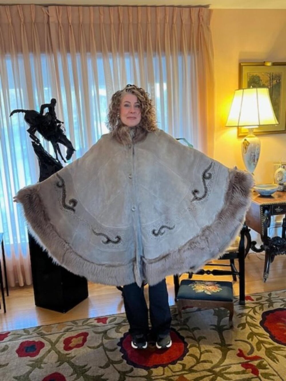 Vintage Designer Italian Plush Shearling Embroidered Cape/One Size/One of a Kind